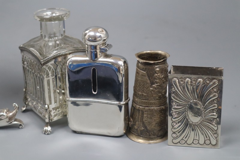 An Edwardian silver mounted hip flask, 11.4cm, a similar cornucopia vase and four other items including plated trophy cup.